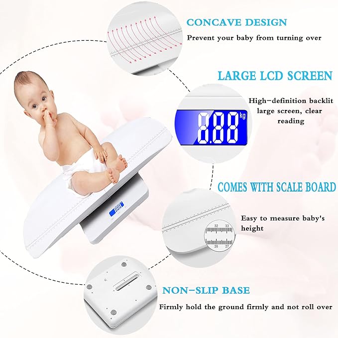 Baby Scale, Digital Baby Scale with Hold Function, Large LCD Display, Capacity 220Ib, Accurate to 10G, Height Measurement Range 0-60Cm (White)