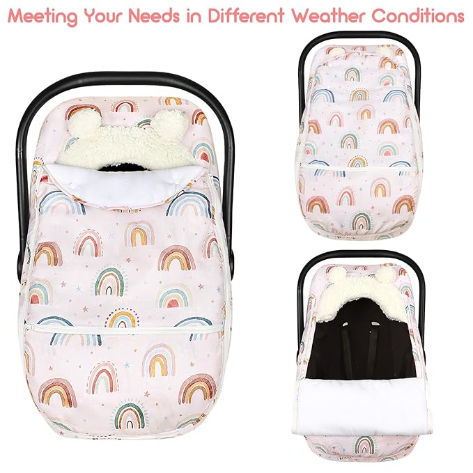 Winter Car Seat Cover Baby Girl Boy, Warm & Windproof Infant Carseat Cover Canopy Protect Baby from Cold Weather, Plush Fleece, Pink Rainbow