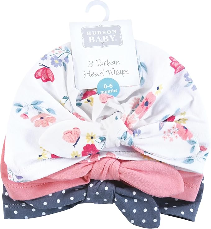Hudson Baby Infant Girls Turban Cotton Headwraps, 0-24 Months