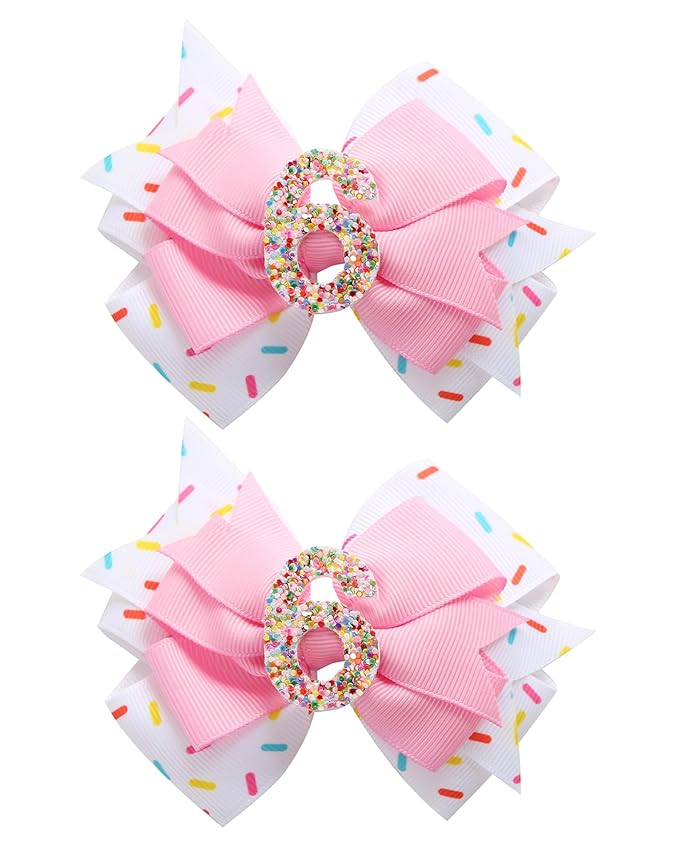 2Pcs Birthday Hair Bow for Baby Girls 2 3 4 5 6 7 Years Sprinkle Decorations Confetti Ice Cream Party Pink Pigtail Hair Accessories for Six 6th Birthday