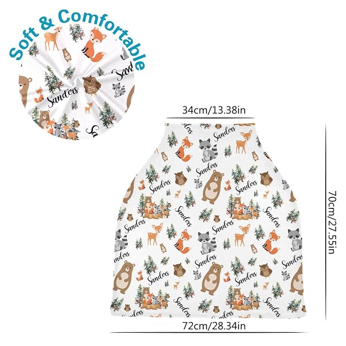 Personalized Baby Car Seat Cover for Boys Girls, Custom Woodland Animals Nursing Covers for Breastfeeding with Name, Infant Stroller Cover, Baby Carseat Canopy for Newborn, Multiuse Car Seat Canopies