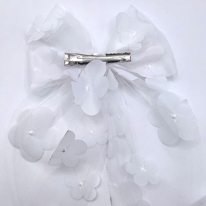White Flower Bow Hair Clip Mesh Tulle Floral Hair Bow Clips Summer Alligator Clip with Long Tail Hair Accessory for Women Girls Bridal Wedding Bridesmaid Party Headpiece Elegant Hairpin Daily Styling