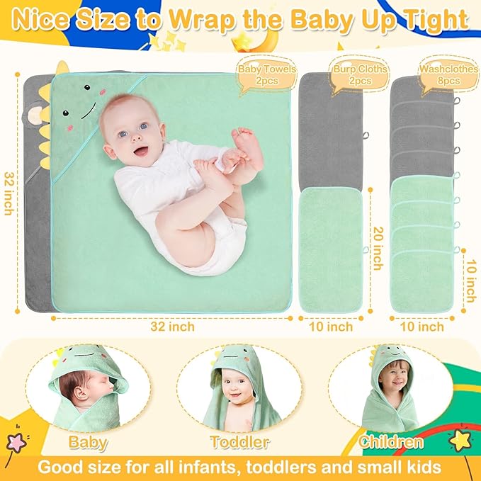 Flasoo 12 Pcs Baby Towel Set, Soft Baby Bath Towels and Washcloths Set, 2 Pcs Hooded Baby Towel, 2 Pcs Baby Burp Cloths and 8 Pcs Baby Washcloths for Infants, Toddlers and Kids (Dinosaurs & Elephants)