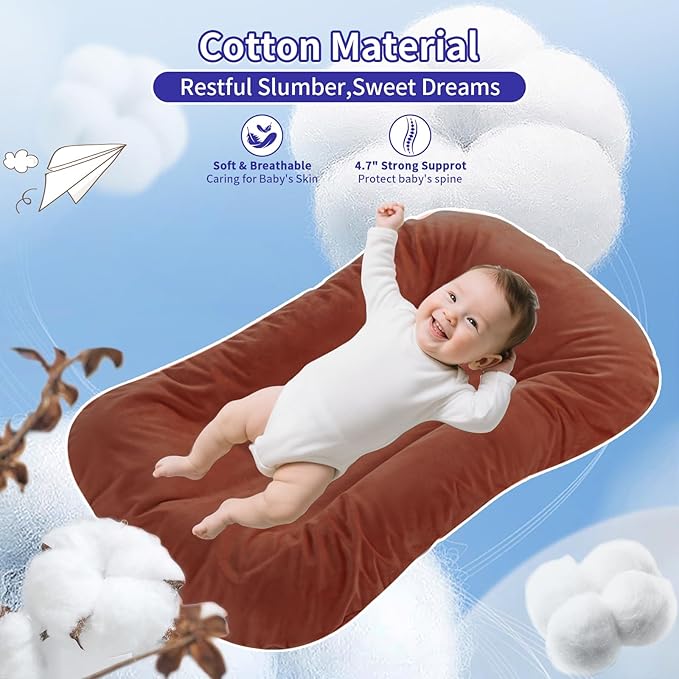 Baby Lounger 0-24 Months 100% Cotton-Snuggle Cozy Me Lounger,Soft & Breathable Baby Lounger for Newborn Play Mat,Infant Babies Essentials Gifts,Coffee(Lounger Cover Included)