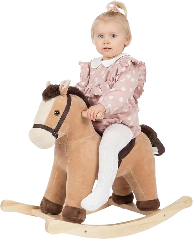 Rock My Baby Rocking Horse, Rocking Animal with Realistic Sound, Stuffed Rocker for Toddlers 18M+, Soft Filling Ride on Pony, Light Brown Horse, CPC Certified