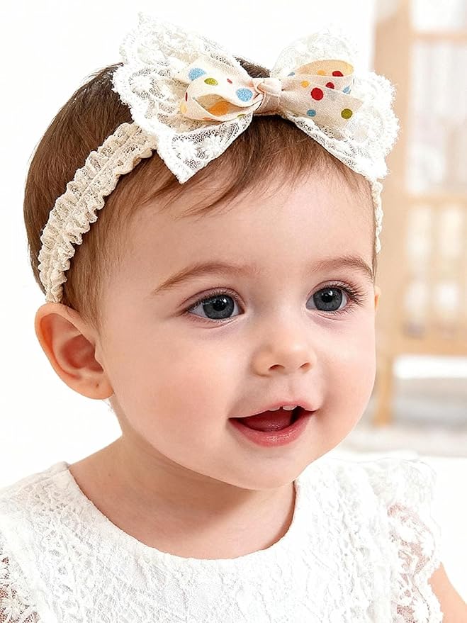 Baby Girls Bow Lace Headband Cute Soft Hairband White Butterfly Knot Headbands for Newborn Infants Toddlers Kids Christening Baptism Birthday Party Hair Accessories（Colorful dots）