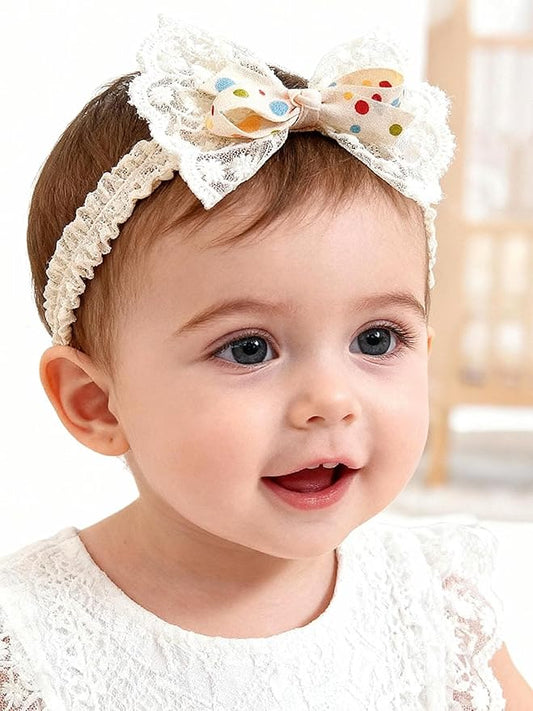 Baby Girls Bow Lace Headband Cute Soft Hairband White Butterfly Knot Headbands for Newborn Infants Toddlers Kids Christening Baptism Birthday Party Hair Accessories（Colorful dots）