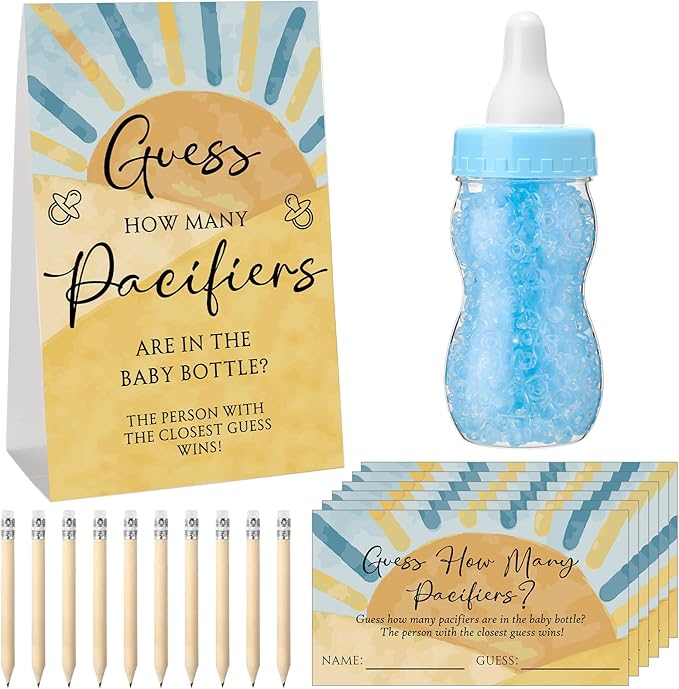 Roowest 512 Pcs Baby Shower Games Guess How Many Pacifiers Sign 100 Small Guessing Games 10 HB Pencils 750ml Milk Bottle 400 Acrylic Pacifiers Decoration for Guest Gender Reveal(Blue,the Son)