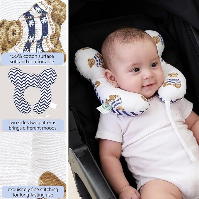 Baby Neck Pillow, U-Shape Pillow for Car Seat, Stroller and Pushchair, Lightweight Baby Travel Accessory (Little Bear)