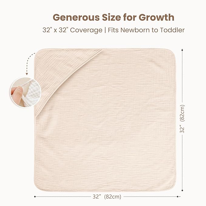 Konssy 2-Pack Muslin Hooded Baby Towels, 100% Cotton, Ultra-Soft & Absorbent Baby Bath Towels with Hood for Newborn & Infant (Cream, Blossom,32" x 32")
