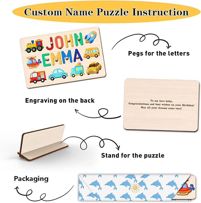 WNNNS Name Puzzles for Kids Easter Basket Stuffers Personalized Baby Gifts for Boys Girls Wooden Puzzle Toys for Toddler 1-3 Customized 1st Birthday Gifts Montessori Learning Toys with Gift Wrapping
