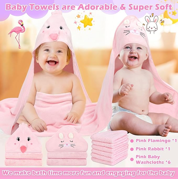 Sublaga 8 Pcs Baby Towel Set, Soft Baby Bath Towels and Washcloths Set, 2 Pcs 32x32 in Cute Baby Towel with Hood and 6 Pcs Baby Washcloths for Infants, Toddlers and Kids (Pink Kitten & Flamingo)