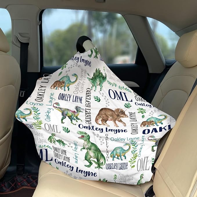 Personalized Baby Car Seat Cover Stroller Canopy: Custom Name Newborn Baby Boy Girl Elastic Animals Nursing Cover for Moms First Birthday Gift Green Dinosaur(one Size)