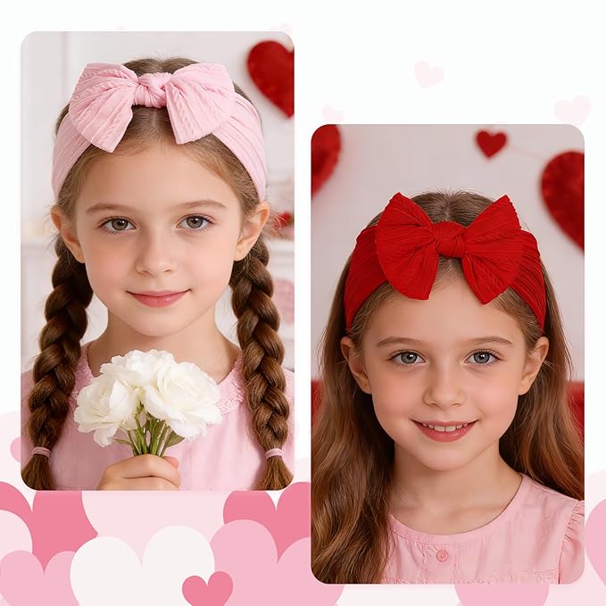 baotongle 3pcs Baby Girls Headbands Soft Stretchy Nylon Hair Bands Hair Accessories with Bows for Newborn Baby Girls Infant Toddlers Kids(Light Pink,Deep Pink,Red, 5.7inches)
