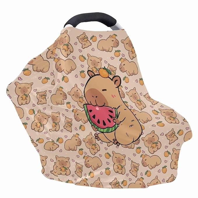 AFPANQZ Capybara Watermelon Baby Car Seat Covers for Girls All Weather Multifunctional Infant Car Seat Canopy Nursing Breastfeeding Scarf Shield Soft Breathable Stretchy 360 Coverage for Babies