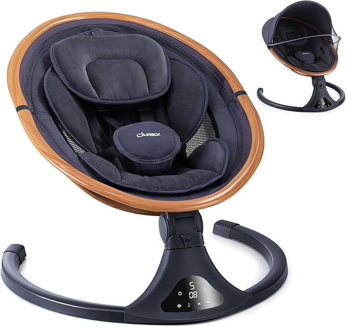 LAREX Baby Swing to Toddler Electric Infant Swing Portable for Newborn Boy Girl, 5 Sway Speeds with Remote Control, 12 Preset Melodies and Bluetooth, 0-6 Months Max 20 Lbs(Dark Wood Grain)