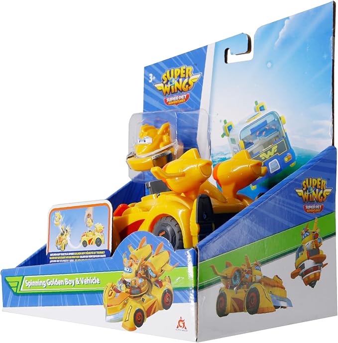 Super Wings Golden Boy Spinning Battling Tops & Cars Toys, Yellow Car Toys for Kids Age 3+, Little People Race Toy Cars for Boys and Girls, Best Gifts for Kids Boys Girls