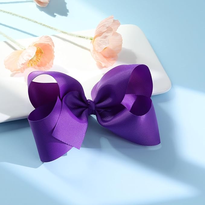 Oaoleer Hair Bows Clips, 2PCS 6inch Purple Layered Grosgrain Ribbon Bows Hair Alligator Clips for Baby Girls Infants Toddlers Kids Teens Children