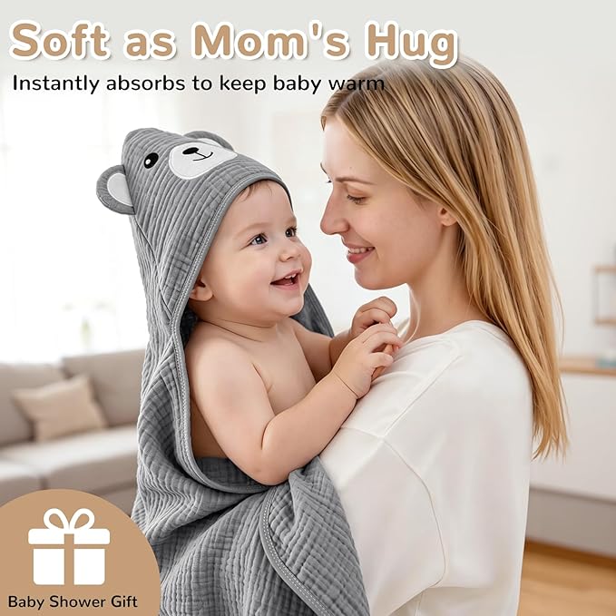 4 PCS Muslin Baby Bath Towels Set, 100% Cotton 2 PCS Animal Hooded Baby Towels 32x32 Inch & 2 PCS Washcloths, Ultra Absorbent & Soft Infant Newborn Essentials Gifts for Boys & Girls, Dinosaur & Bear