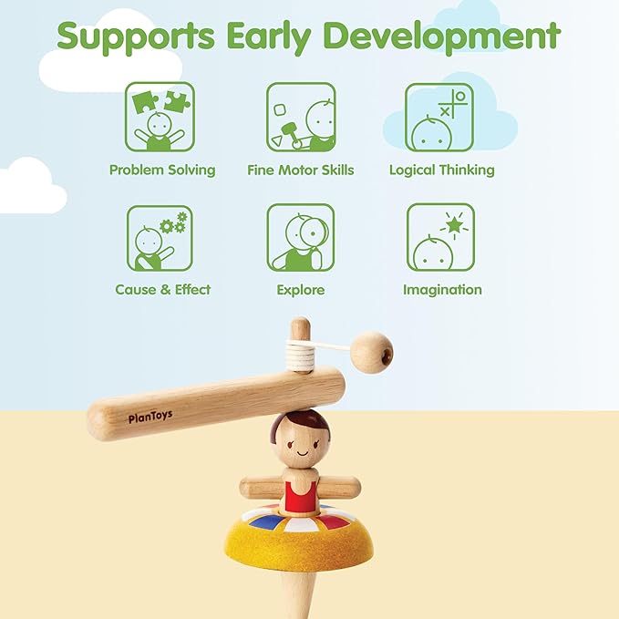 PlanToys® Wooden Ballet Spinning Top | Montessori Inspired Pull String Toy for Cause & Effect, Coordination & Motion Control | Eco Friendly Spinning Toy for Fine Motor Skills & Creative Play