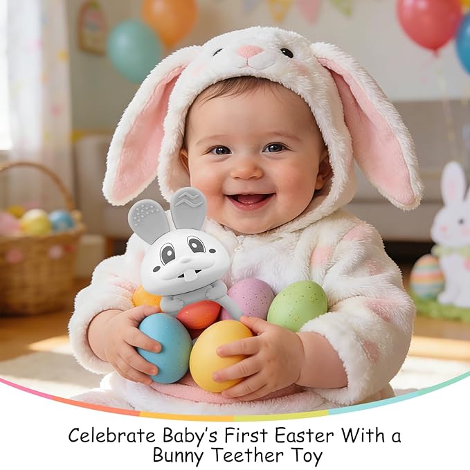 Mombella Baby Teething Toys 3–6 Months with Rattle, Bunny Easter Basket Stuffers for Babies 6–12 Months, Baby's First Toy with Anti Drop Strap, Teething Relief Baby Chew Toys, Easter Gifts, Grey