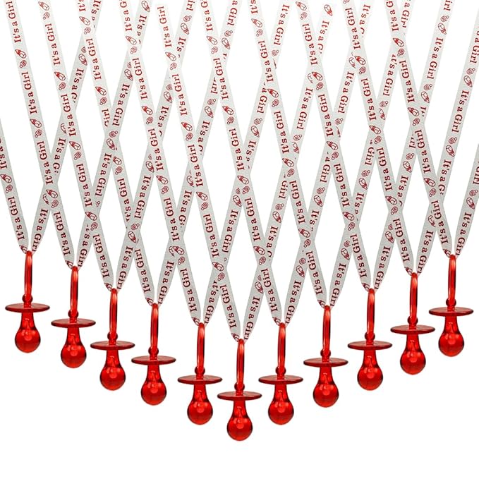 36 Pieces It's a Girl Baby Shower Pacifiers Necklace Acrylic Baby Party Favors Charm Pacifiers Necklace Grosgrain Ribbon Party Decorations Table Scatter (Red)