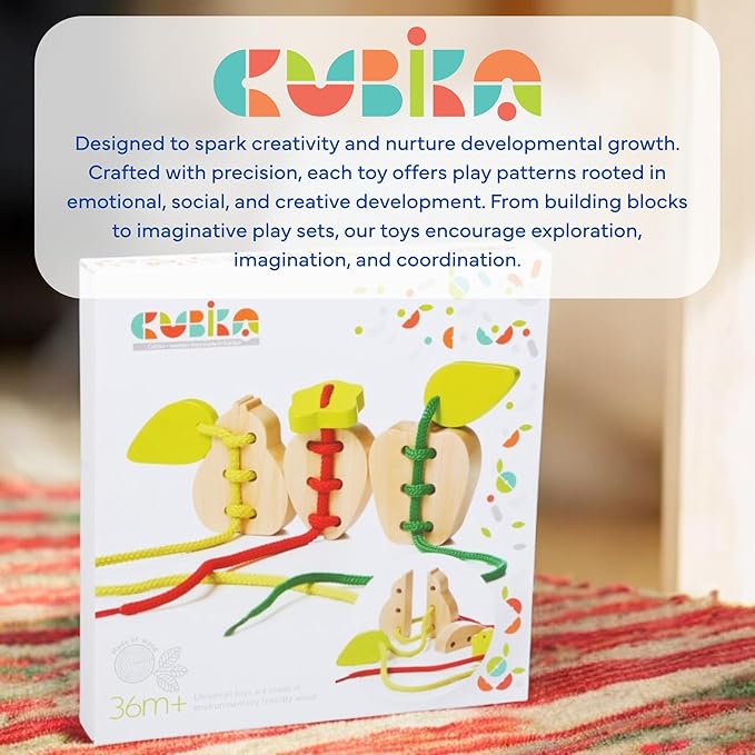 CUBIKA Wooden Lacing Fruit Set – Montessori Threading Toy for Toddlers Ages 3+ – Made from Natural Wood with Water-Based Paints – Travel-Friendly Educational Gift for Boys & Girls