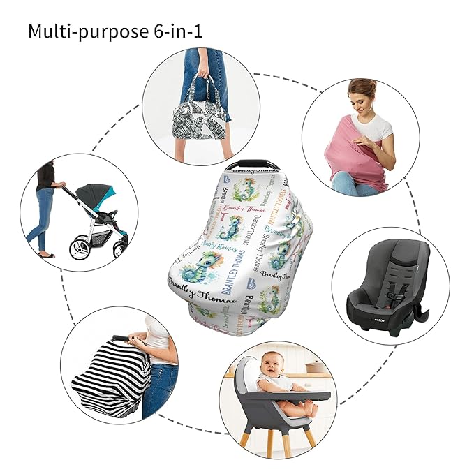 Personalized Baby Car Seat Cover with Name Stroller Canopy Custom Seahorse Carseat Cover Newborn Baby Boy Girl Nursing Cover for Moms First Birthday Gift