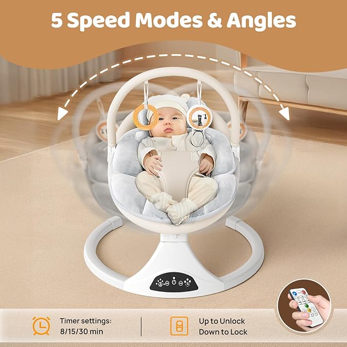 Electric Baby Swing with Remote Control - 5 Natural Motion Speeds, Detachable Seat Pad | Portable Infant Swing for Indoor/Outdoor Use (0-6M, 20lbs) (Beige)