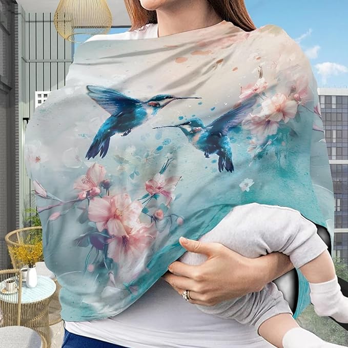 Forchrinse Blue Hummingbird Floral Baby Car Seat Cover Soft Stretchy Breastfeeding Nursing Cover Multi Use Cover for Shopping Cart/High Chair/Stroller