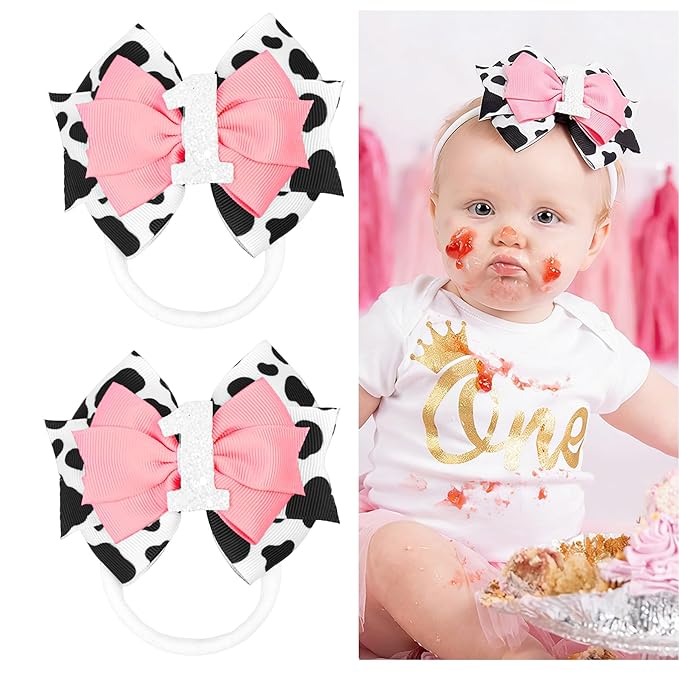 Cow Print Birthday Bow Hair Clip, Pink Farm Animal Theme 1 Year Old Hair Bow Clip Accessory for Toddler Girls Party Baby Shower Decor