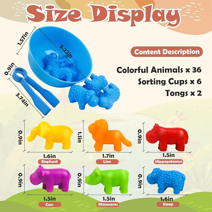 GKDOMS Counting Animals Toys Matching Game with Sorting Bowls Preschool Learning Activities Montessori Sensory Toy for Math Color Sorting, Party Favors Birthday Exchange Gifts for Toddlers