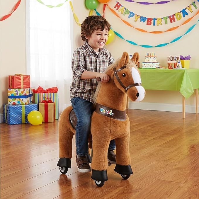 WondeRides Ride on Horse Riding Horse Pony Cycle Toy, 30.1 Inch Height Riding Pony Ride Plush Rocking Mechanical Walking Animal with Wheels No Battery Size 3 for Kids 3 to 4 Years M345