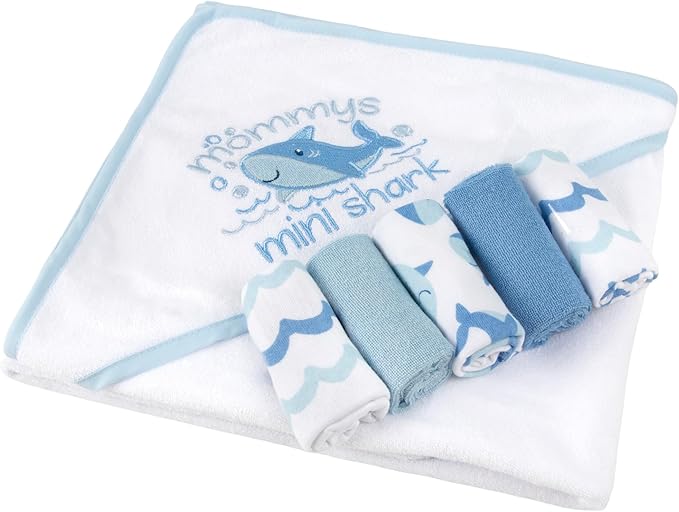 Baby Hooded Bath Towel and Washcloth Set for Infant Boys 6-12 Months (Mini Shark Blue)