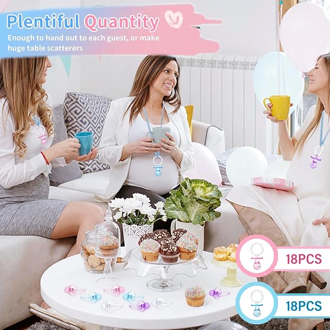 36 Pieces Acrylic Pacifiers for Baby Shower Games Boy Girl, 2.5'' Baby Shower Pacifiers, Bulk Pacifier for Hunt Games, Gender Reveal Table Scatter, Party Favors Decoration(Blue&Pink)