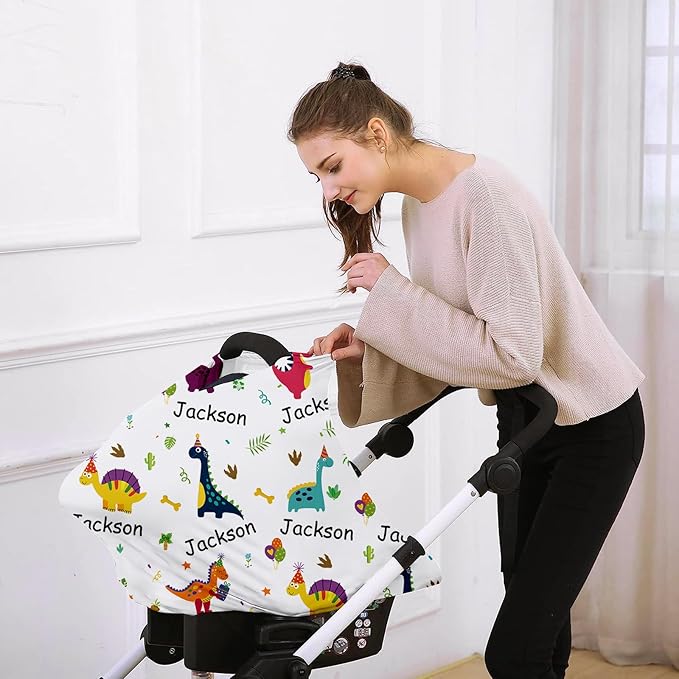 Custom Car Seat Covers for Babies - Breathable Baby Car Seat Cover for Girls Boys, Dinosaur Pattern Kick-Proof Newborn Carrier Canopy Stretchy Stroller Cover for 4 Seasons(27"x29")
