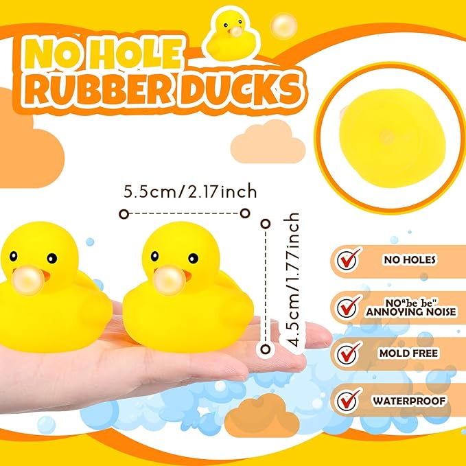 DEEKIN 24 Pcs Yellow Rubber Ducks 2.2 Inch Blow Bubbles Duck Bath Toy with Sealed Plug No Hole Waterproof Relieve Stress Fidget Bathtub Toys for Pool Summer Beach Birthday Party Decoration Game Gift