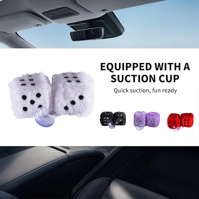 Fuzzy Dice Plush for Car Mirror 3Inch Cute Couple Square Dotted Hanging Ornaments,Adjustable Hand Braided Rope Suitable for Bedroom (BST0039-Black)