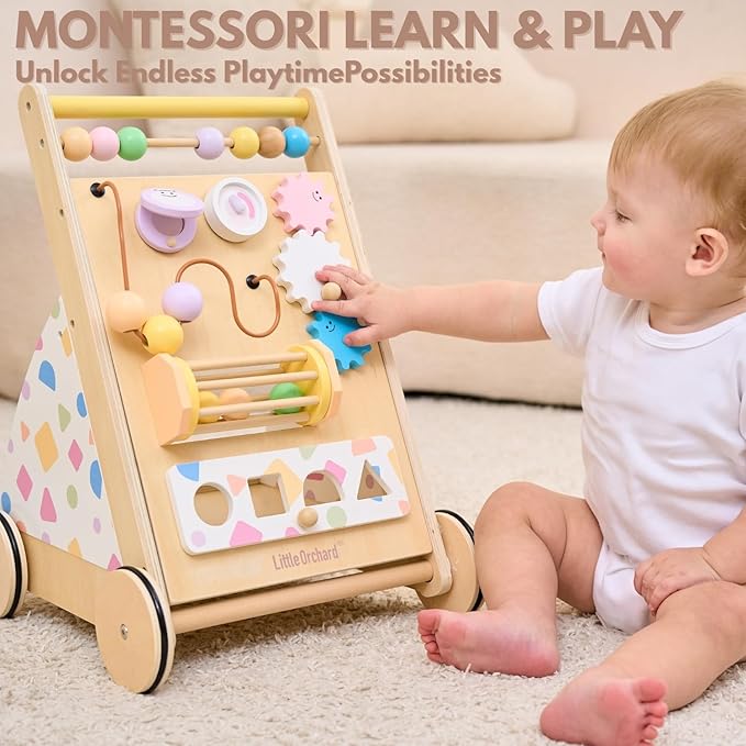Wooden Baby Walker with Upgraded Adjustable Speed Control, Montessori Activity Push Walker with Wheels, Baby Walker Toy for Toddlers, Gift for Boys & Girls 1 Year Old