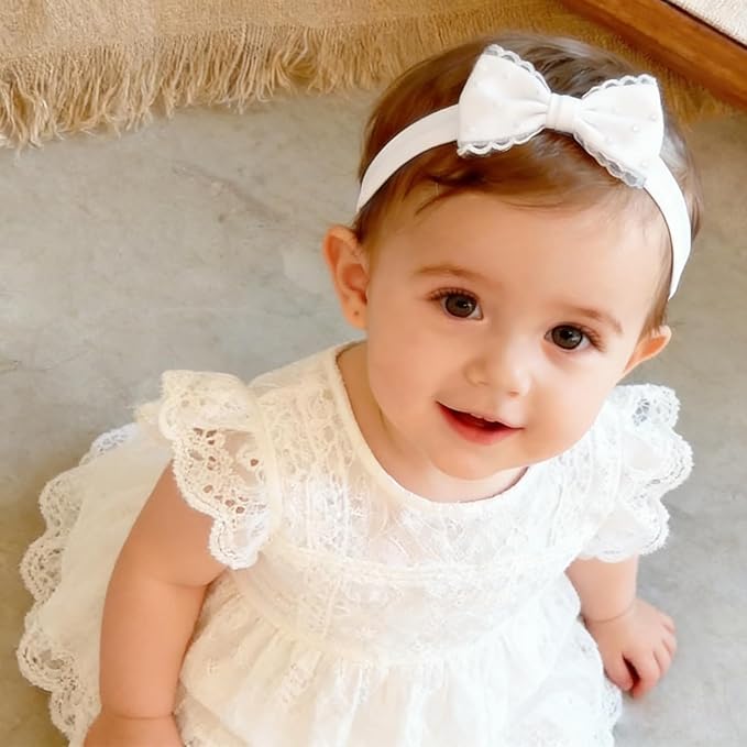 Baby Girls Headband White Bow Lace Headbands Soft Elastic Bowknot Hairbands Cute Hair Accessory for Newborn Kids Infant Toddler Baptism Birthday Party (Bow C)