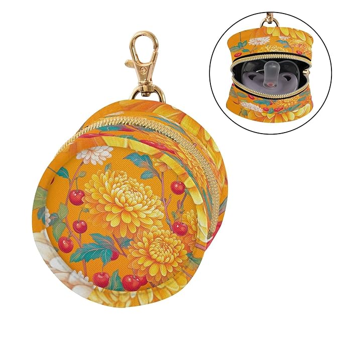 Pacifier Holder with Clip Pacifier Case for Diaper Bag Round Baby Pacifier Pouch Box Bag Portable Orange Cute Chrysanthemum and Cherries