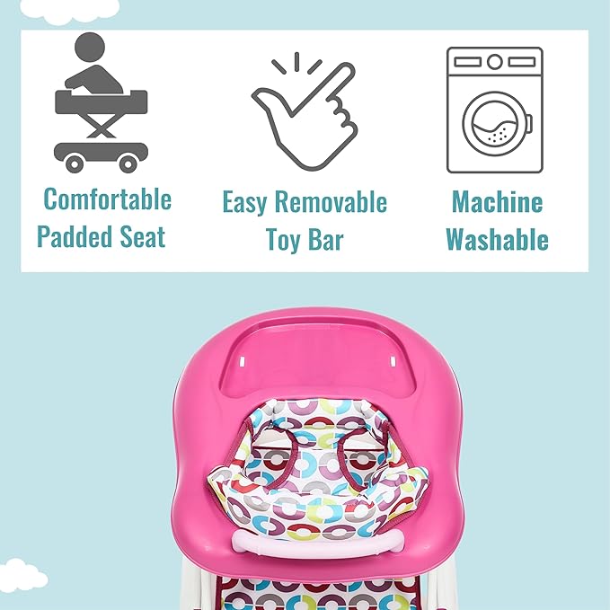 Dream On Me Go-Getter Baby Walker and Walk Behind Walker, Adjustable Seat Height, Comfortable Padded Seat, Easy to Fold, Pack and Store, Detachable Fun Tray, Pink
