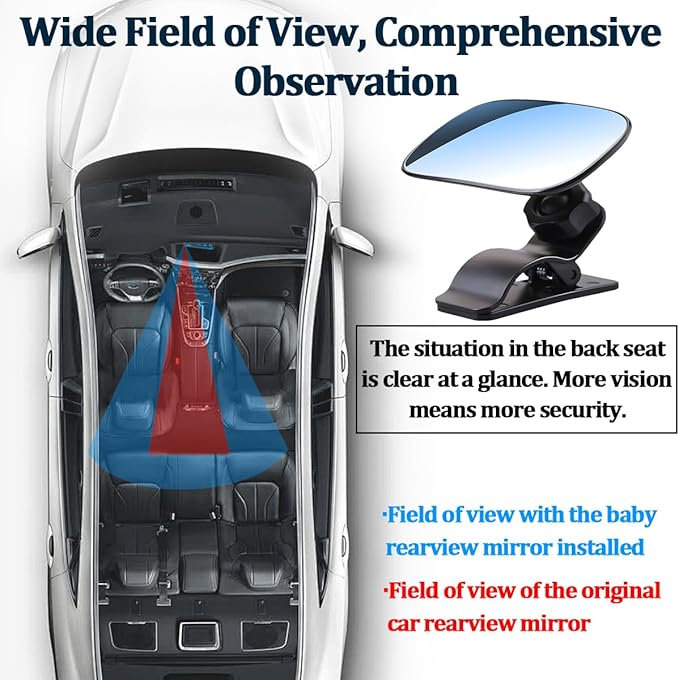 Car Interior Rearview Baby Mirror, Wide Angle Convex HD 360° Adjustable Rearview Mirror for Backseat Kids, Clip-on Sun Visor Safety Rearview for Monitoring Infant Child, Universal Fit