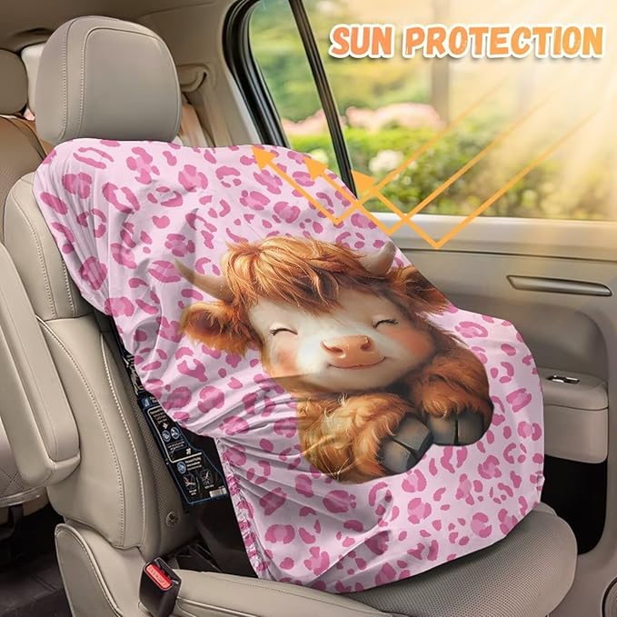 Car Seat Protector for Child Car Seat, Cute Highland Cow Car Seat Sun Cover for Baby, Pink Leopard Car Seats Heat Protector Keeps Your Toddler Baby Seat at a Cool Temperature