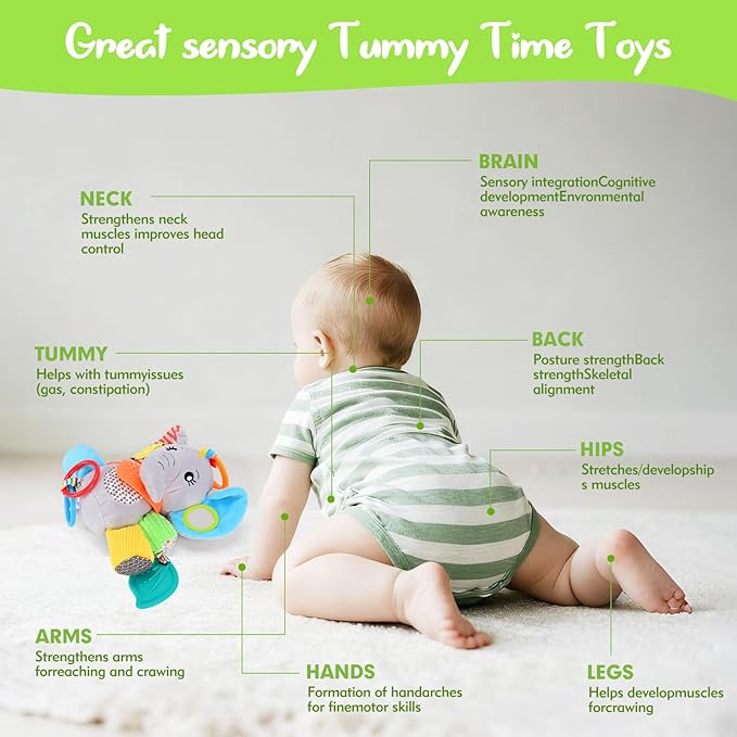 Baby Toys 0-6-12 Months: Elephant with Detachable Touch-Sensitive Sound Box (30 Sounds), Removable Bib, Teether, Rattle, BB Squeaker, Mirror | Attaches to Strollers, Car Seats, Carriers