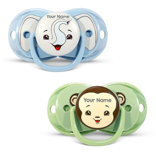 RaZbaby Keep-It-Kleen Baby Pacifier 2-Pack Closes When Dropped - BPA-Free Silicone Orthodontic Nipple, Ideal for Travel, Nipple Stays Clean, 0-36 Months - Monkey/Elephant - Personalized