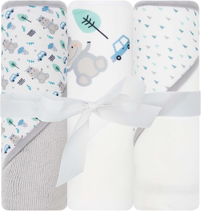 Hooded Baby Towels 3-Pack – Soft Baby Bath Towels with Hood for Newborns & Toddlers, Baby Hooded Towel Set, 30" x 26" (Hippo Cars)
