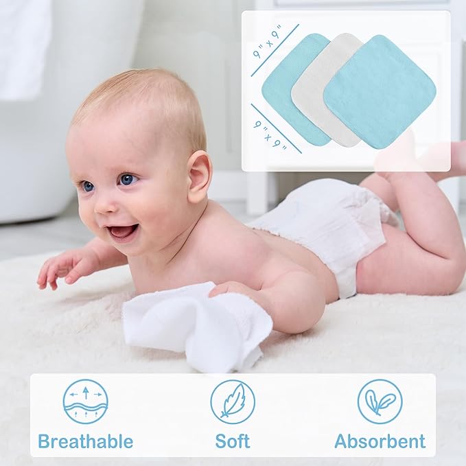 Viviland Baby Towels and Baby Wash Cloths Set Hooded Baby Towels Baby Wipes Absorbent Bath Face Towels Burp Cloths or Face Towels for Girl Boy 6-Pack Size 28 x 28 Inch(Blue Elephant)