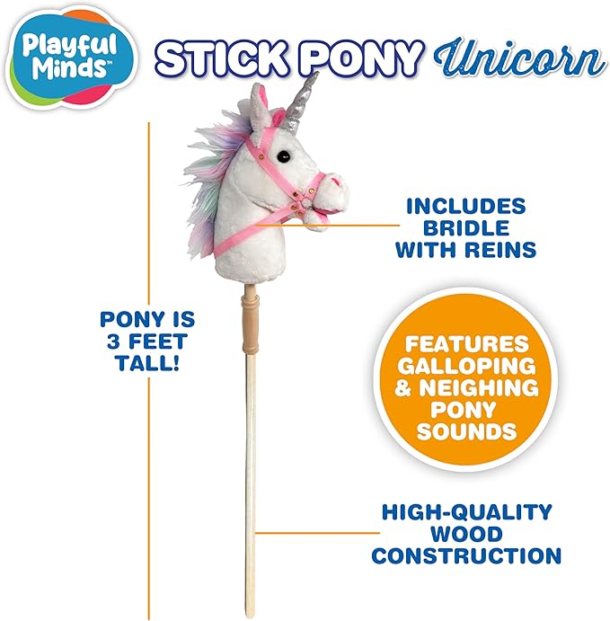 Playful Minds Stick Horse | Plush Handcrafted Hobby Horse Stick Pony Provides Fun Pretend Play for Toddlers & Preschoolers | Handsewn, Sturdy Wood, and Sound Effects (Unicorn)