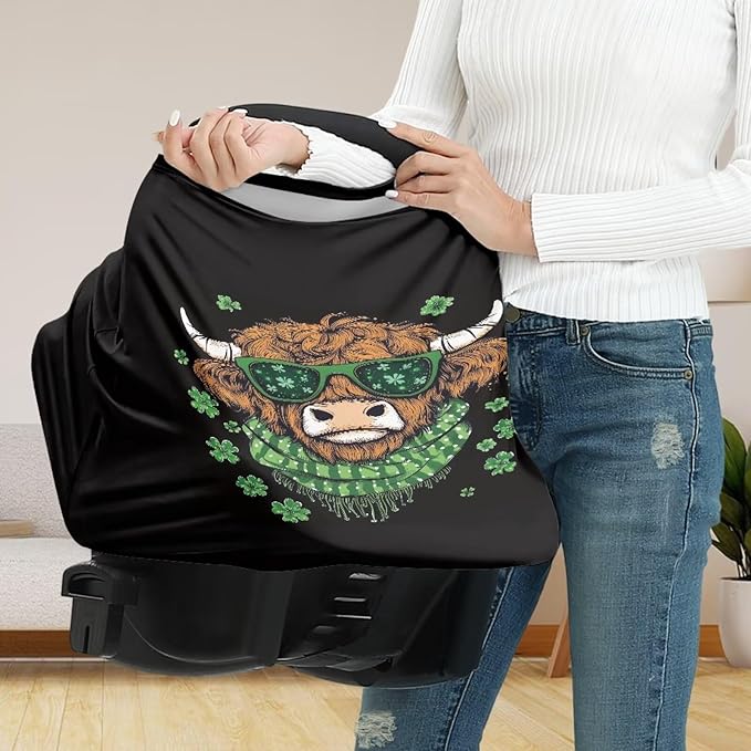 Wanyint Stretchy Baby Car Seat Covers Carseat Canopy Baby Breastfeeding Stroller High Chair Shopping Cart Cover for Girls Boys for Saint Patrick's Day Decor, Highland Cow Clover Black